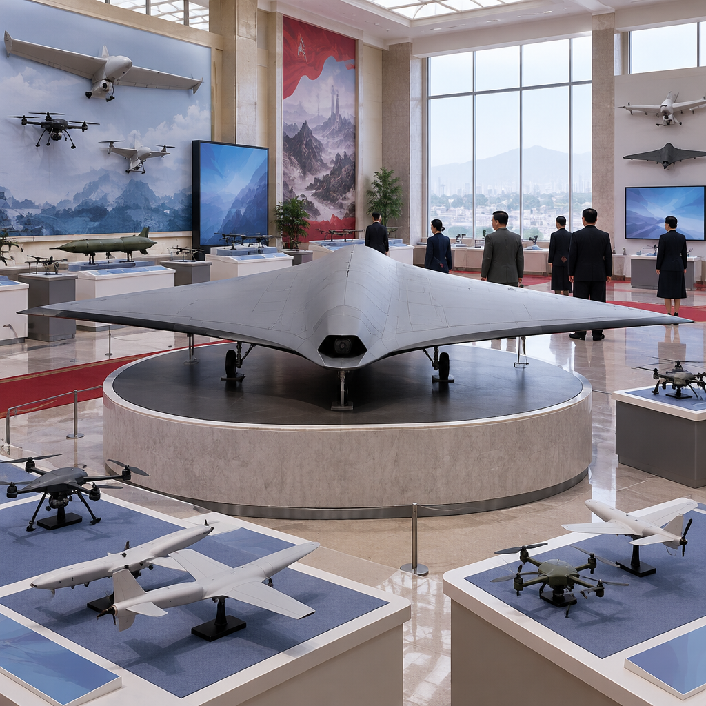 North Korean officials view display of drones, including large tailless flying-wing model.