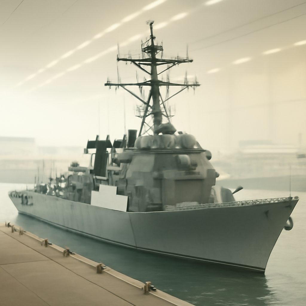 Sleek guided-missile destroyer docked in a naval port with prominent vertical launch system cells on its deck.