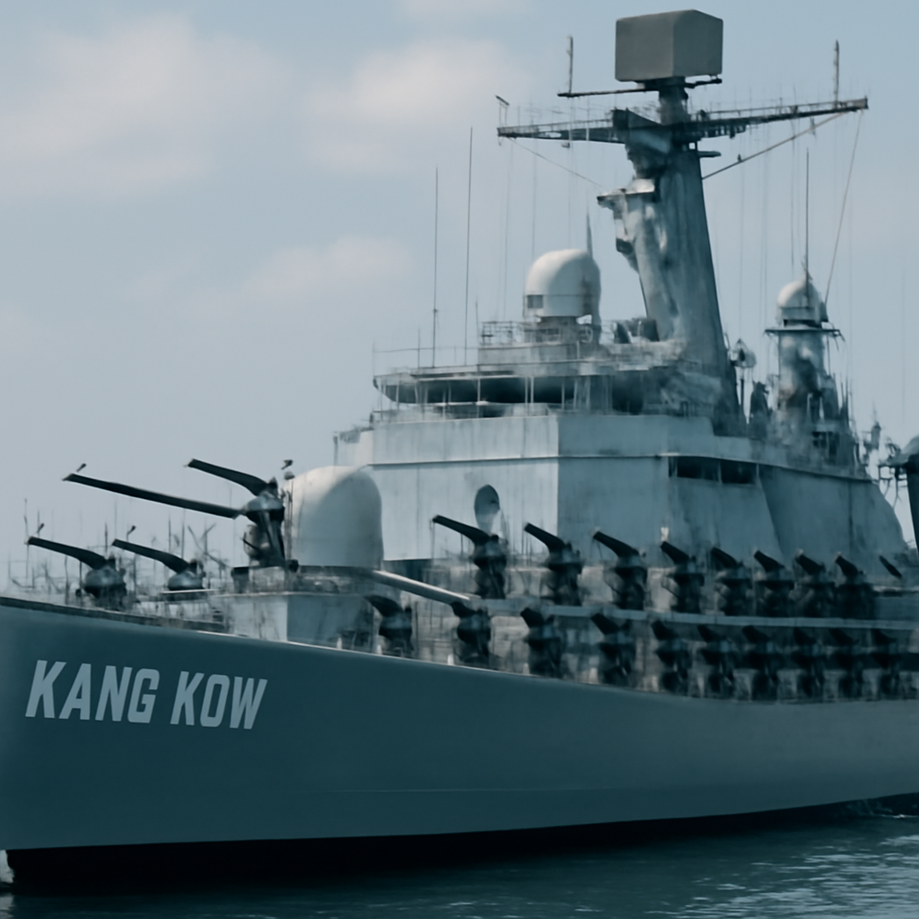 Heavily armed frigate docked at sea with over a dozen heavy machine guns visible on its port side.