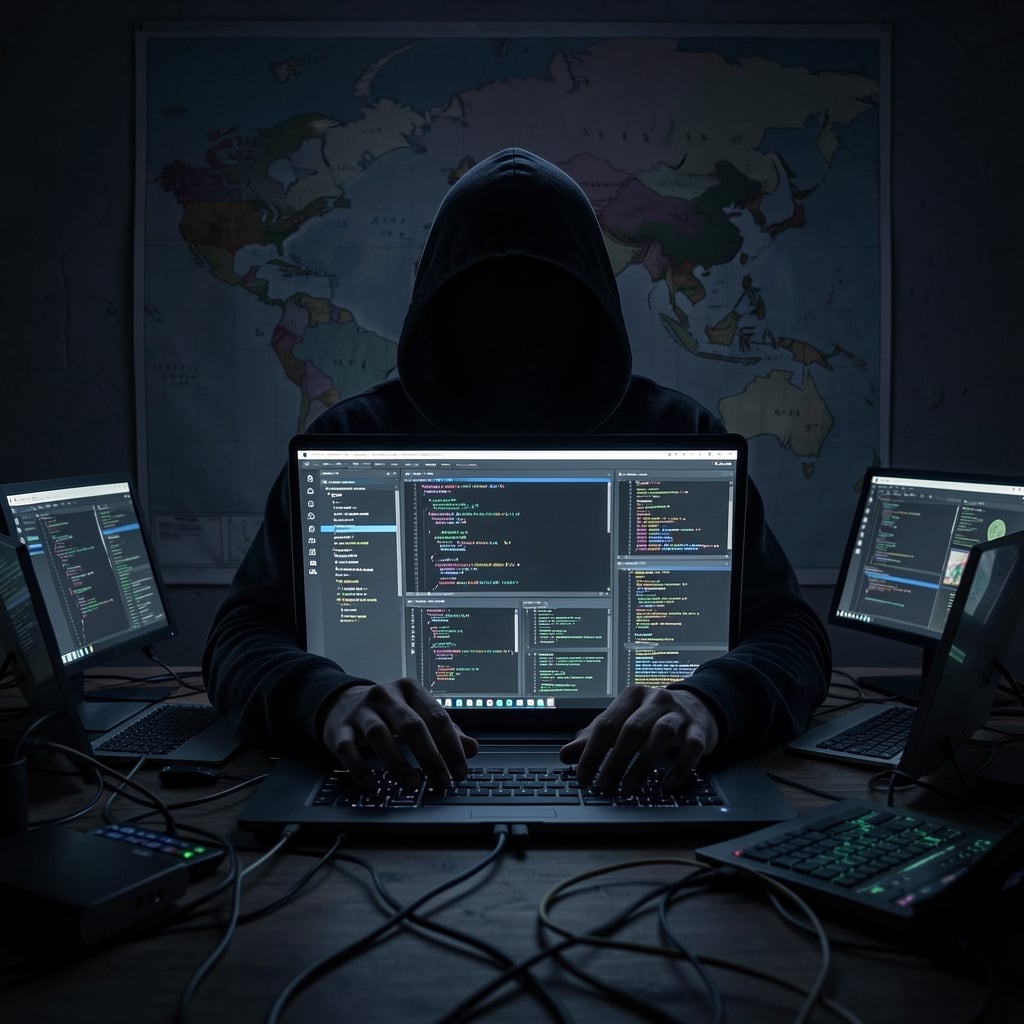 Shadowy figure in hoodie surrounded by screens and cables, coding on laptop with multiple terminals open.