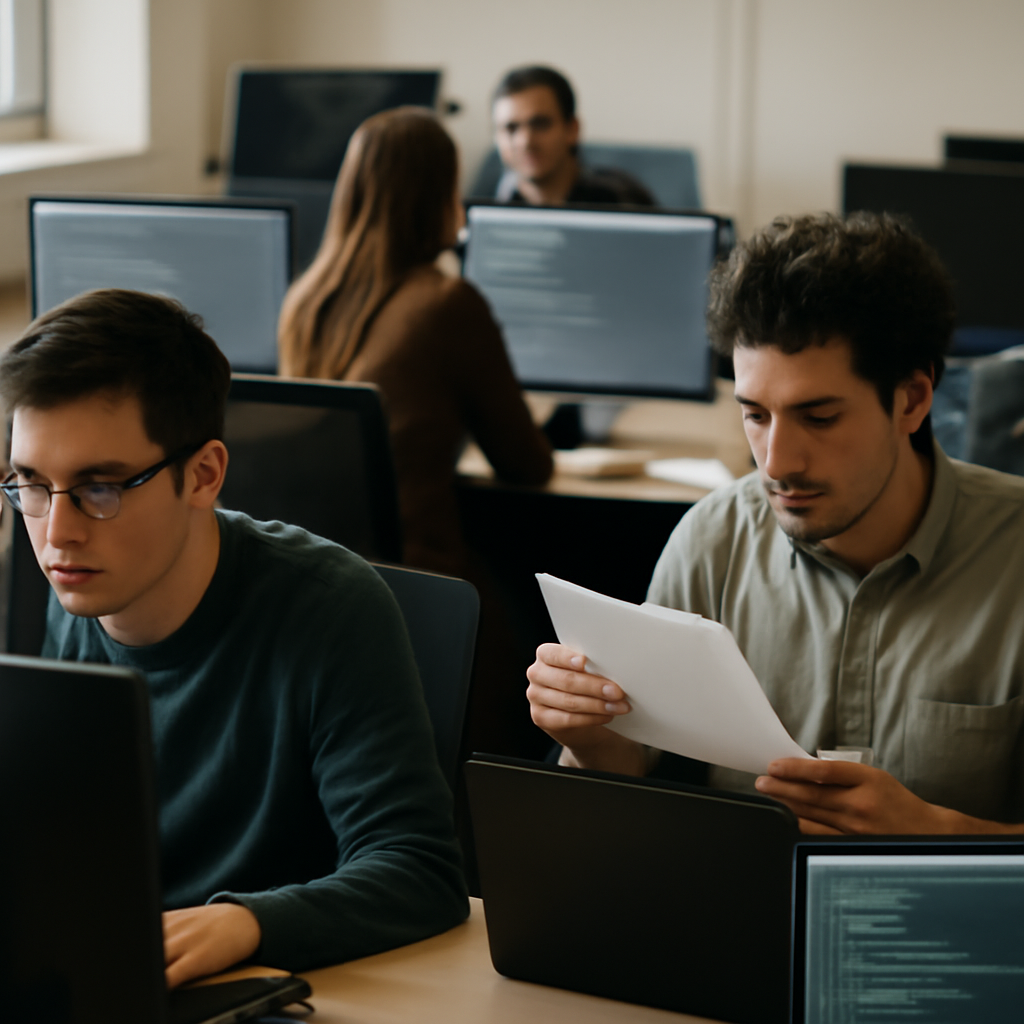 People work at computer workstations in a dimly lit indoor software development workspace.