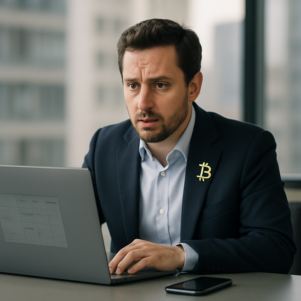 Crypto executive looks concerned at laptop with subtle scheduling software on screen.