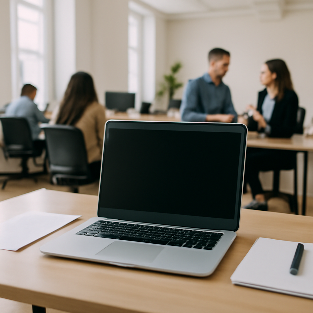 Modern office space with people in background and empty laptop screen in foreground.