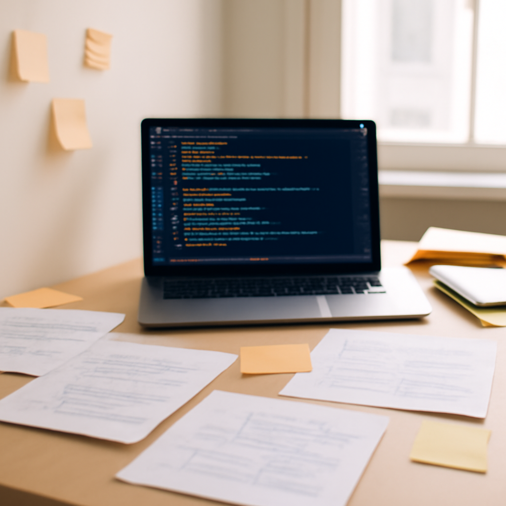 A coding workspace with laptop, papers, and notes in a bright, neutral-colored room with natural daylight.