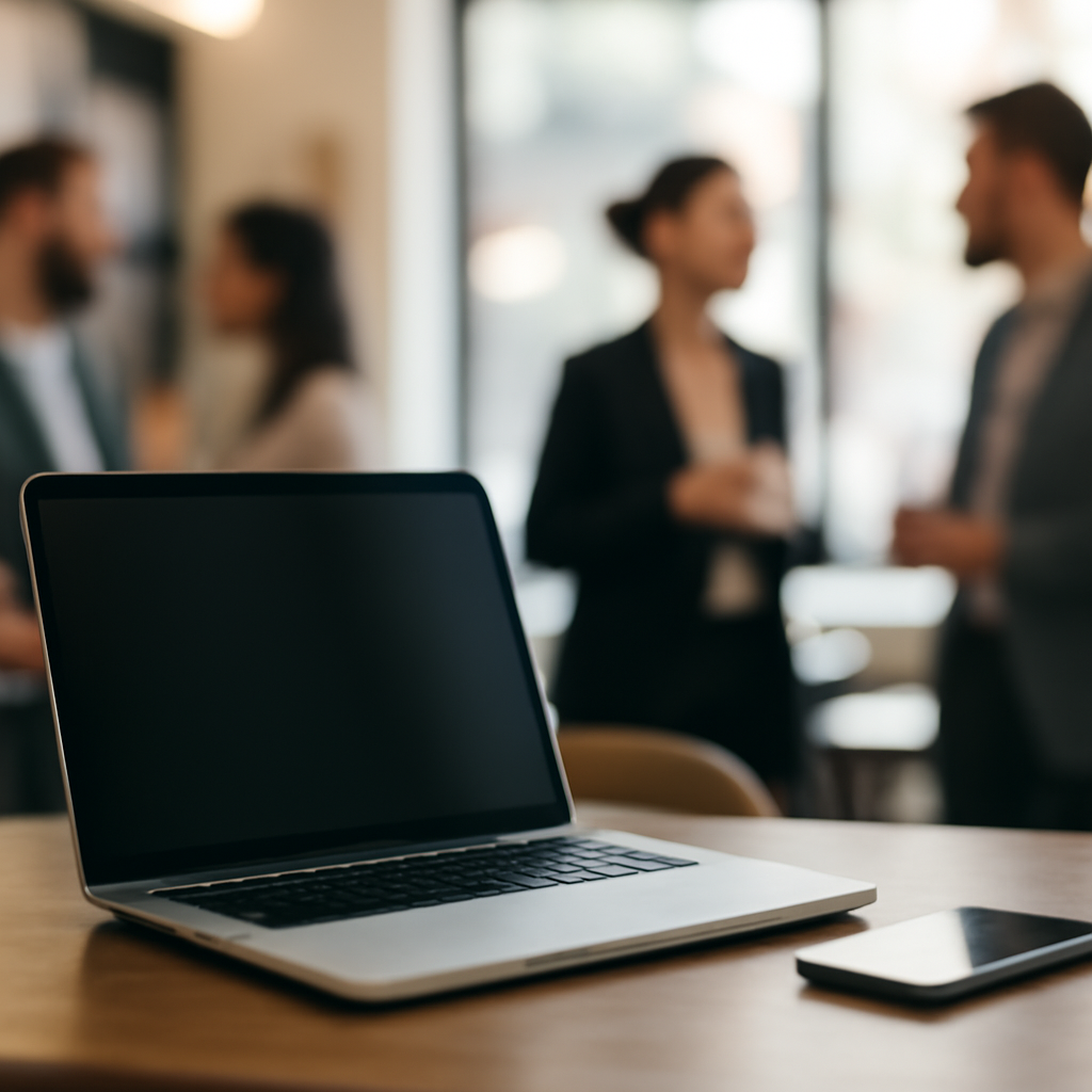 Laptop and smartphone sit on a table in a brightly-lit office space surrounded by blurred people.