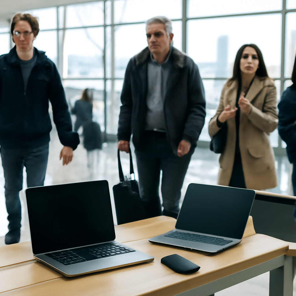 Travelers walk near a public area in a brightly-lit airport terminal, conveying global connectivity and vulnerability.