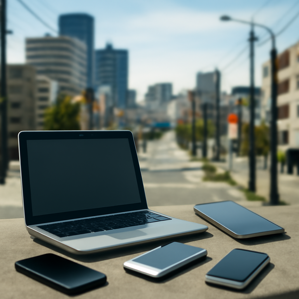 Modern cityscape with scattered laptops and smartphones on a table or bench.