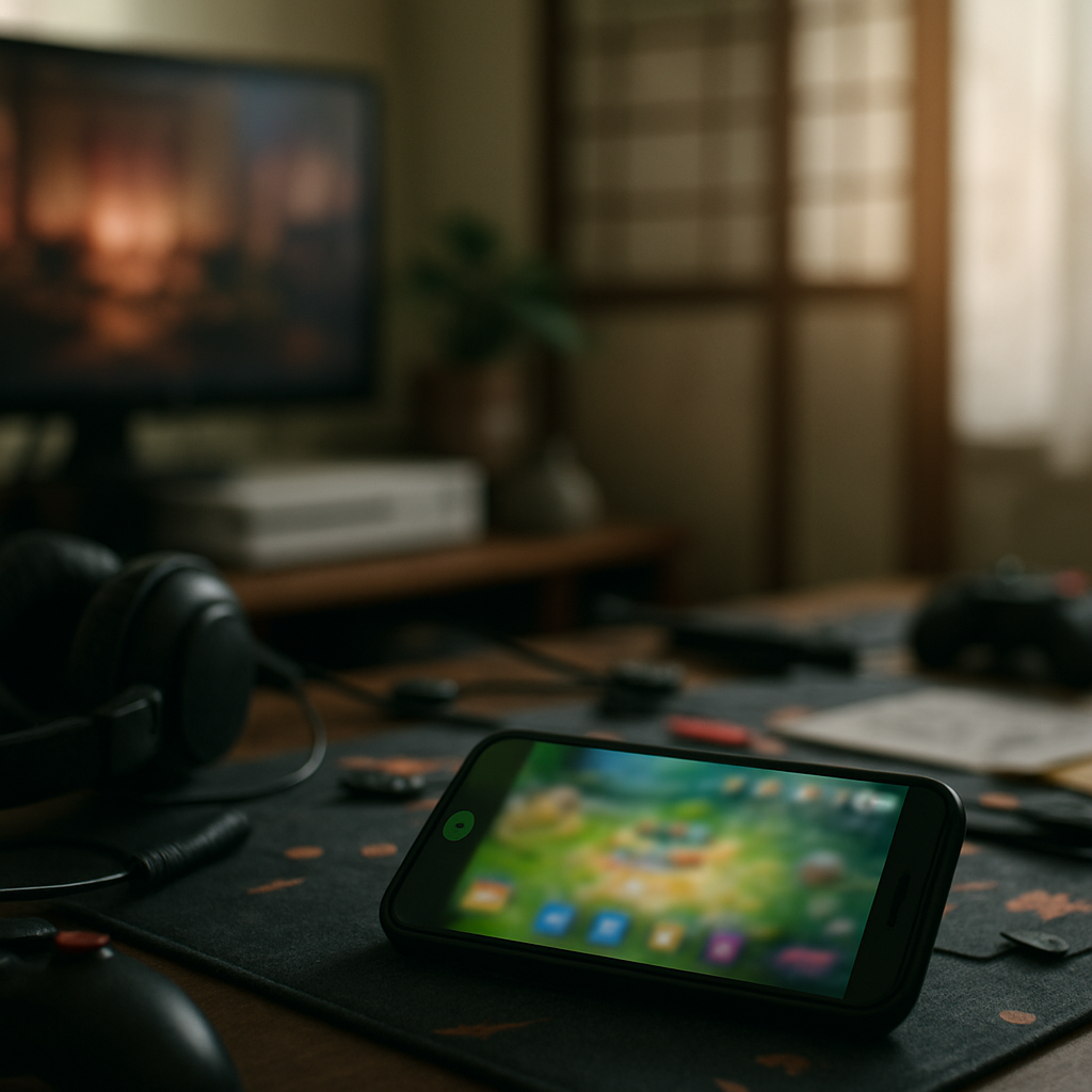 Smartphone on a cluttered gaming desk with blurred Android game interface.