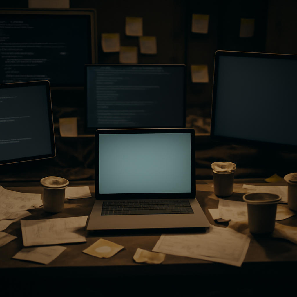 Cluttered software development workspace with computer screens and terminals, one central laptop lid slightly ajar.