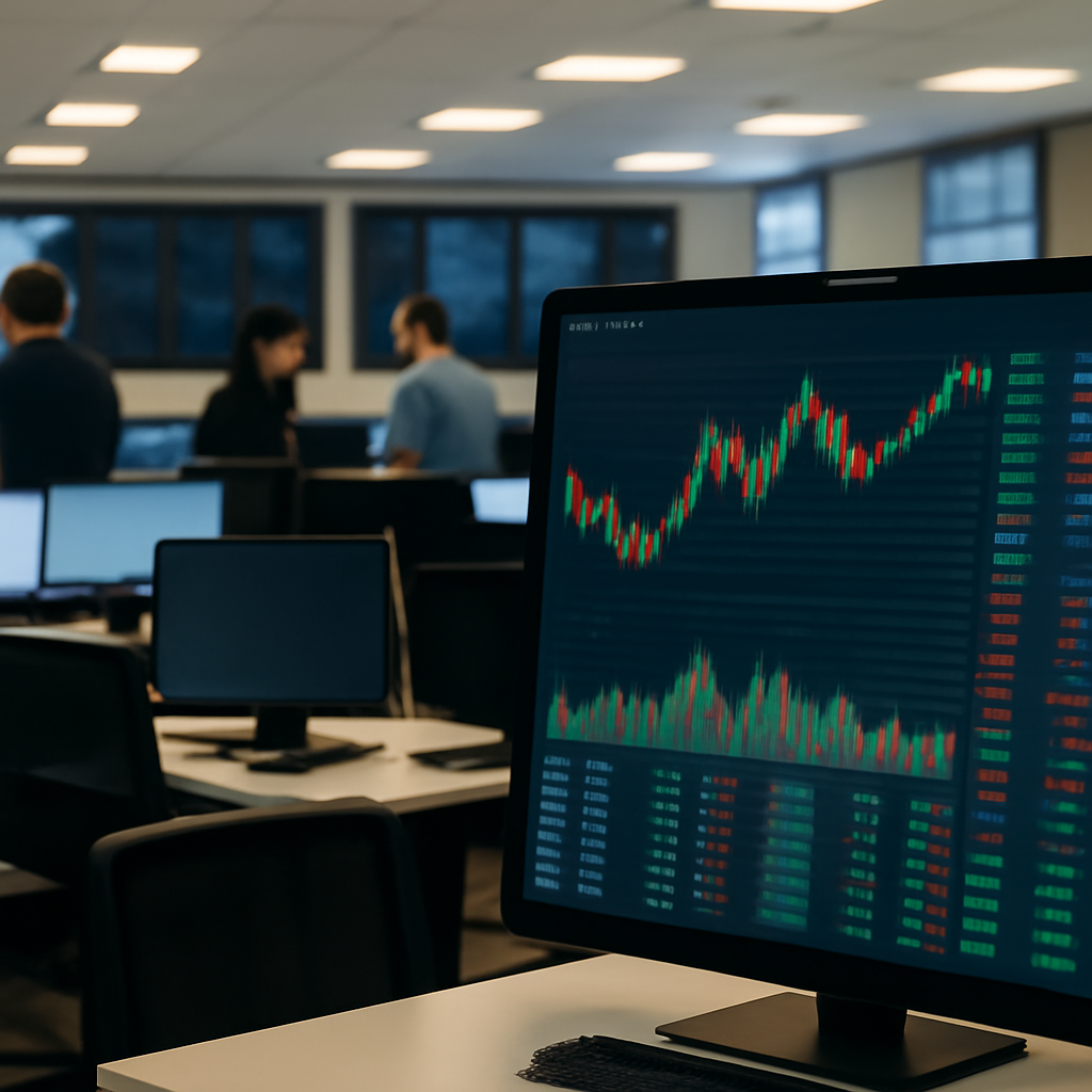 Cryptocurrency exchange trading floor with screens and terminals, hint of security monitoring area.