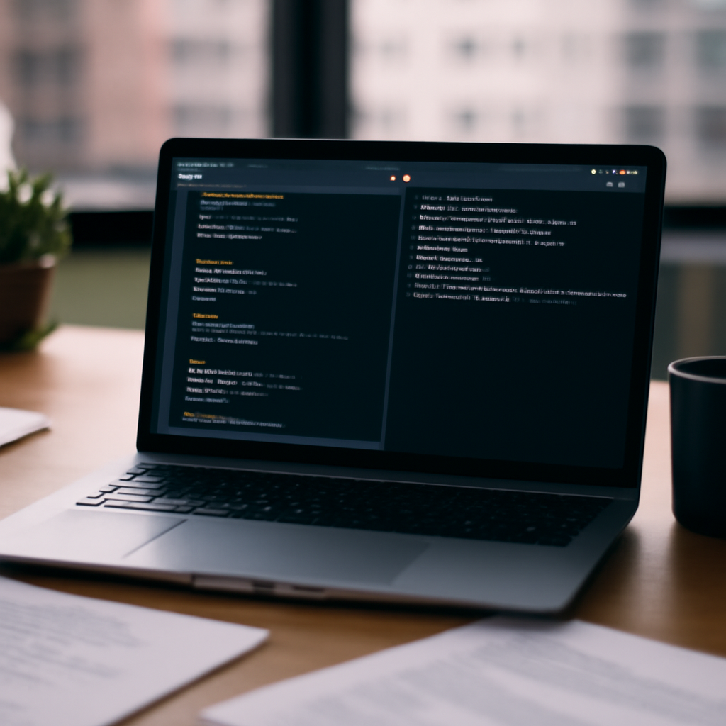 Laptop screen shows Rust code editor with Cargo.toml file and terminal window, set against a software development workspace…