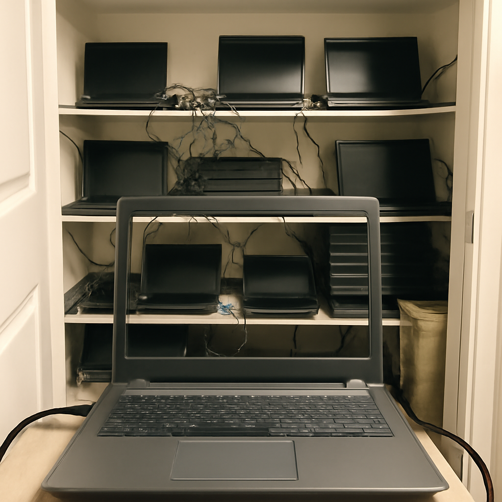 Cluttered room with stacked laptops and equipment, cables visible through laptop screen.