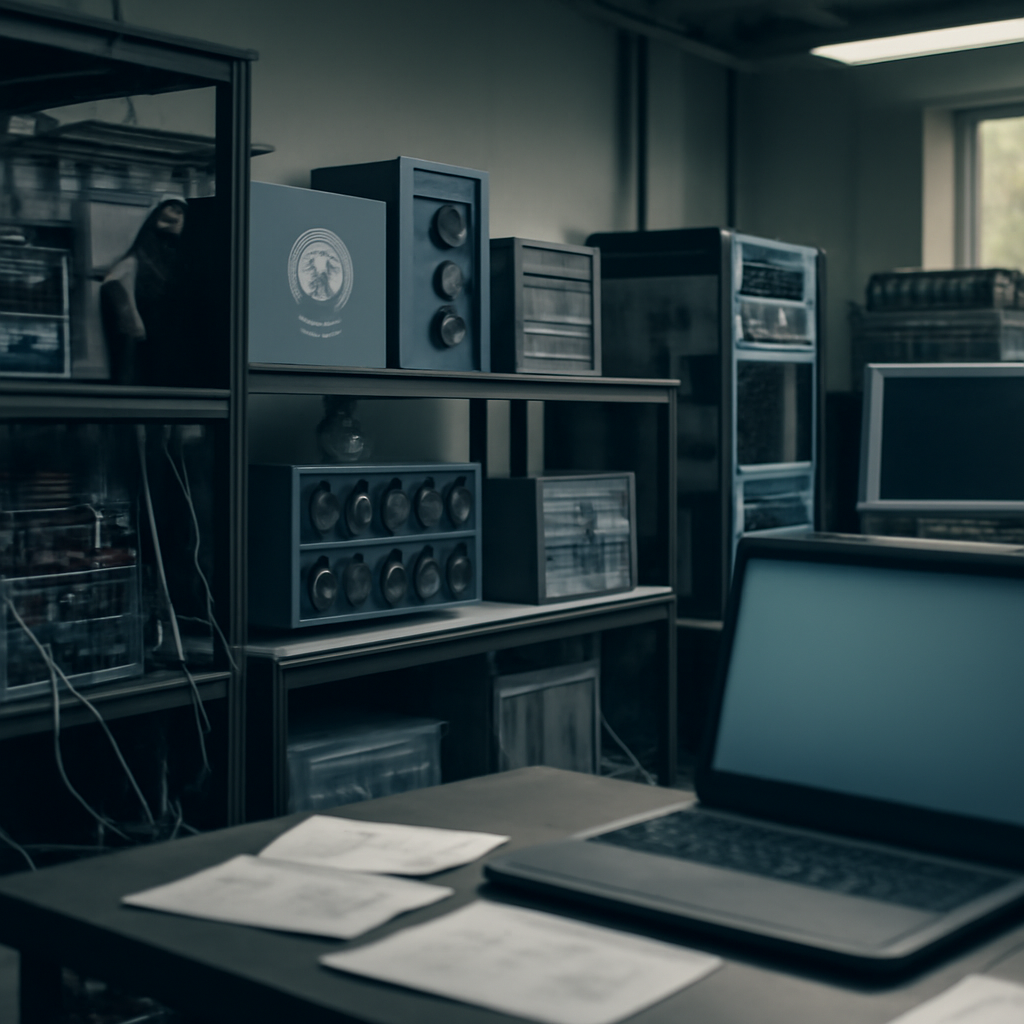 Cluttered server room with computer equipment, cables, and monitors, plus AI development hardware and software tools.