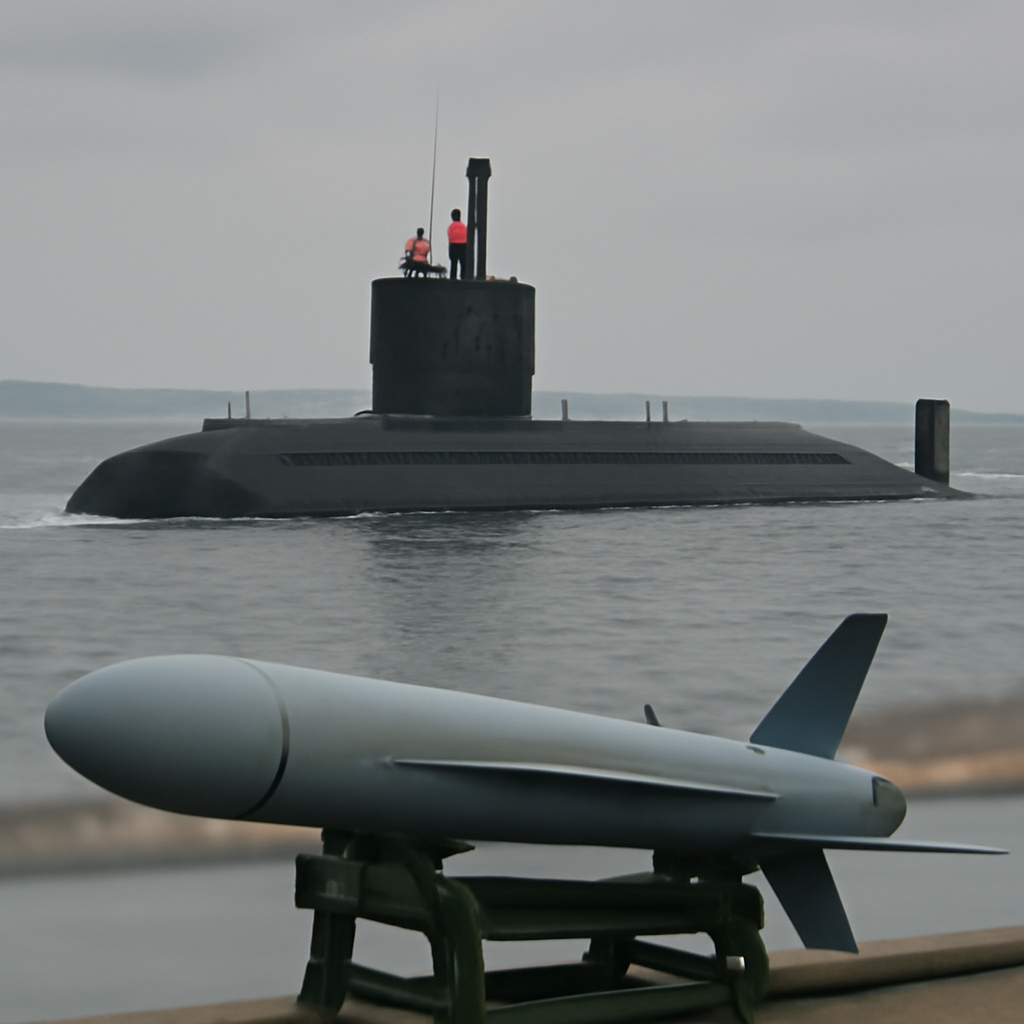 Diesel-electric submarine on calm ocean surface with missile on launch tube in foreground.
