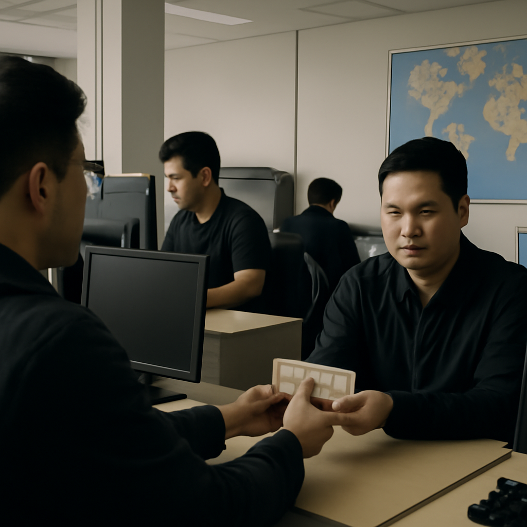 IT workers in a neutral office setting work at rows of desks with blank computer screens.