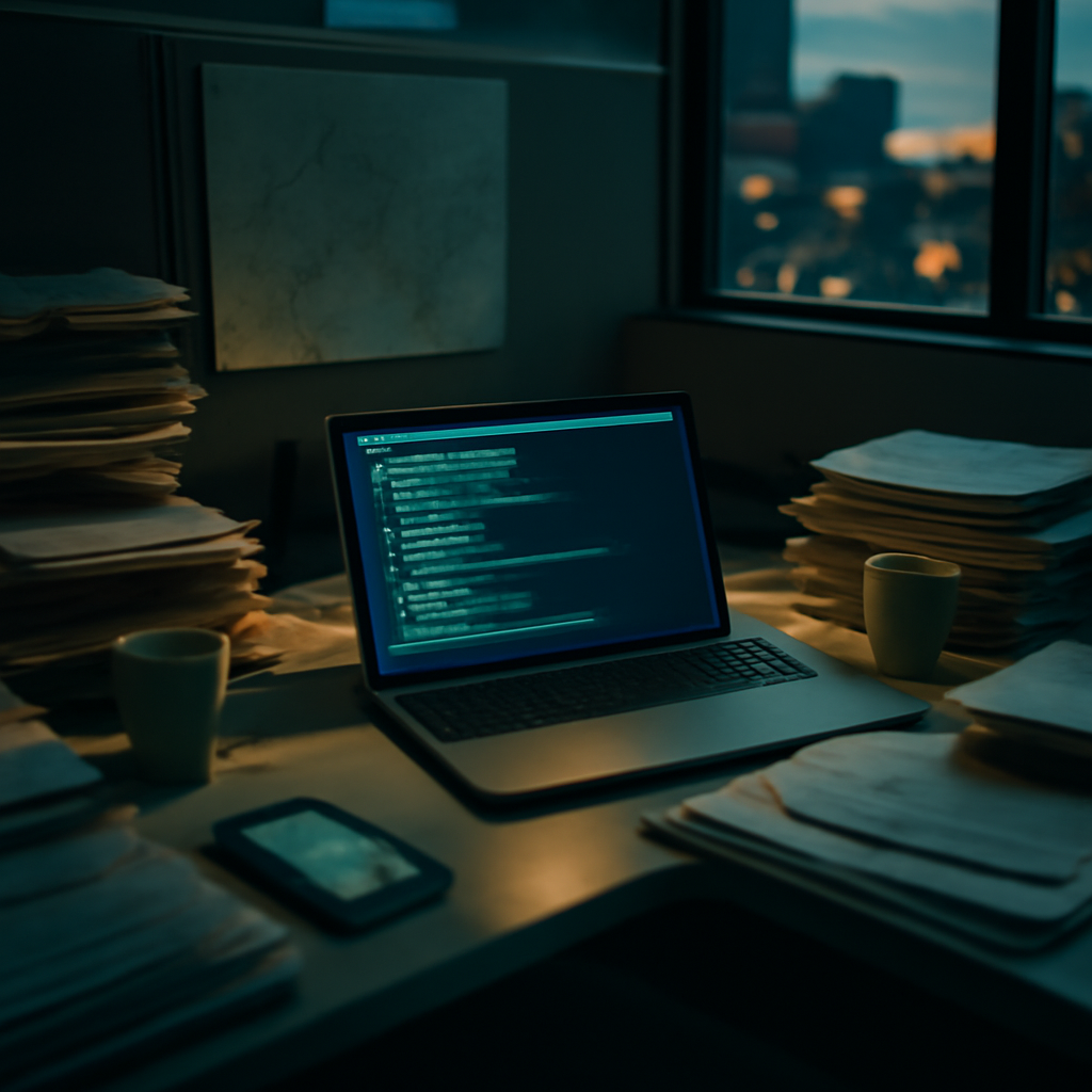 Dimly lit office cubicle with cluttered desk, laptop, and smartphone, surrounded by papers and coffee cups, with a blurred…