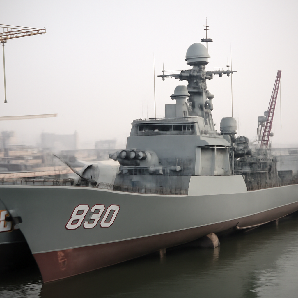 Naval dockyard with Choe Hyon-class destroyer in foreground, showcasing missile and weapons systems.