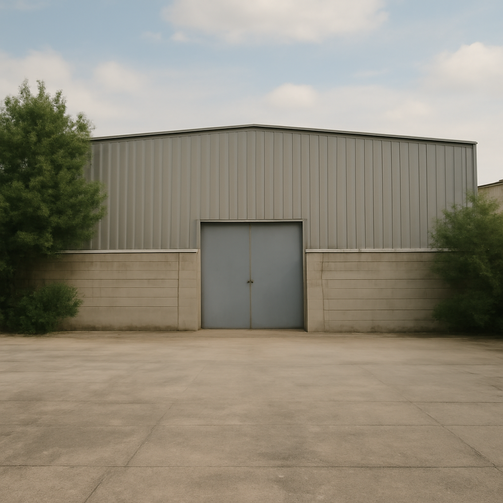 Nondescript industrial building with plain entrance and fence on a lightly clouded day.