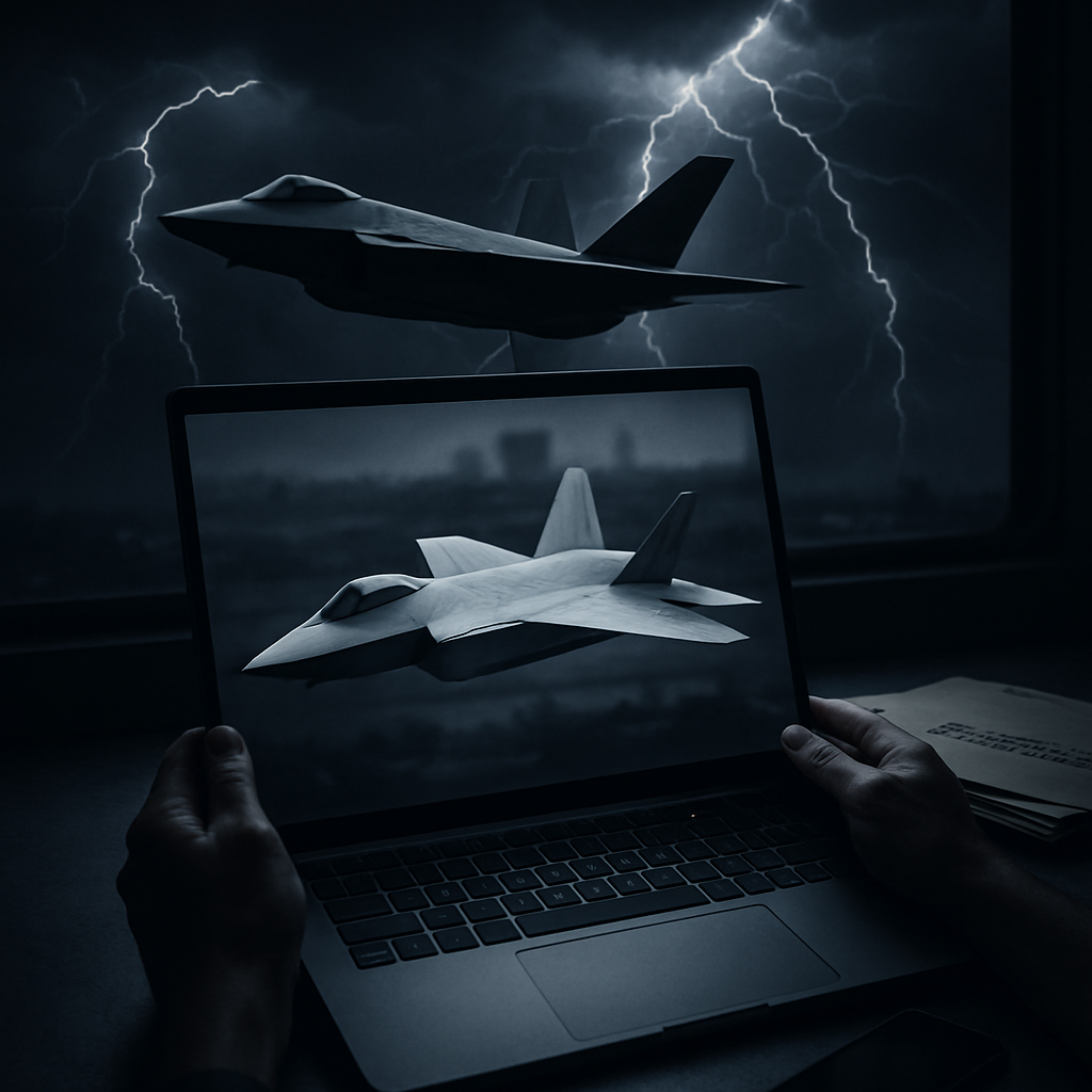 Futuristic fighter jet soars through stormy sky with hands in foreground viewing 3D model on laptop.
