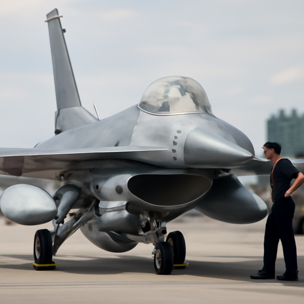 F-16 fighter jet on a runway with subtle hints of electronic warfare equipment.