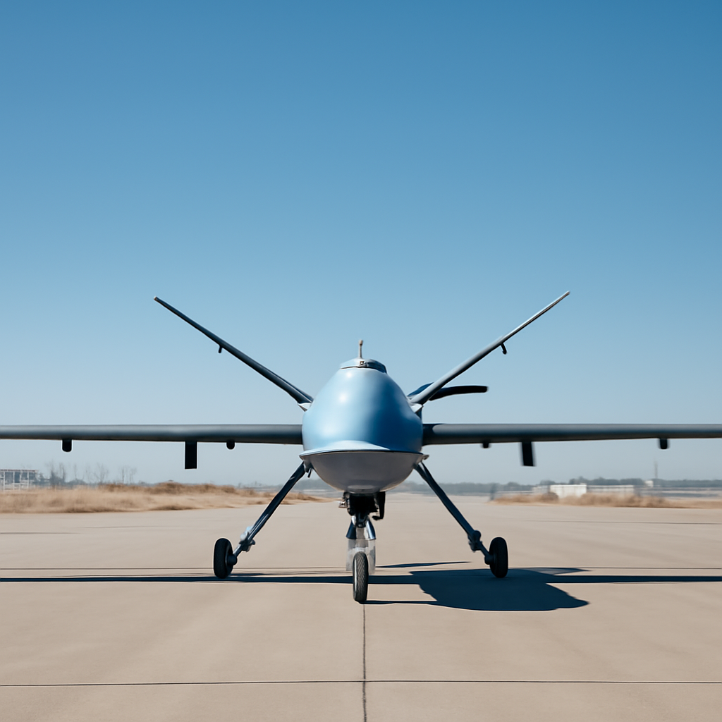 Uncrewed aircraft stands on Mojave Air and Space Port runway with personnel in distance.