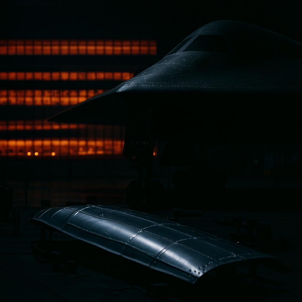 Futuristic bomber aircraft in shadows with illuminated rivets and metal panels, alongside a large shiny production line…