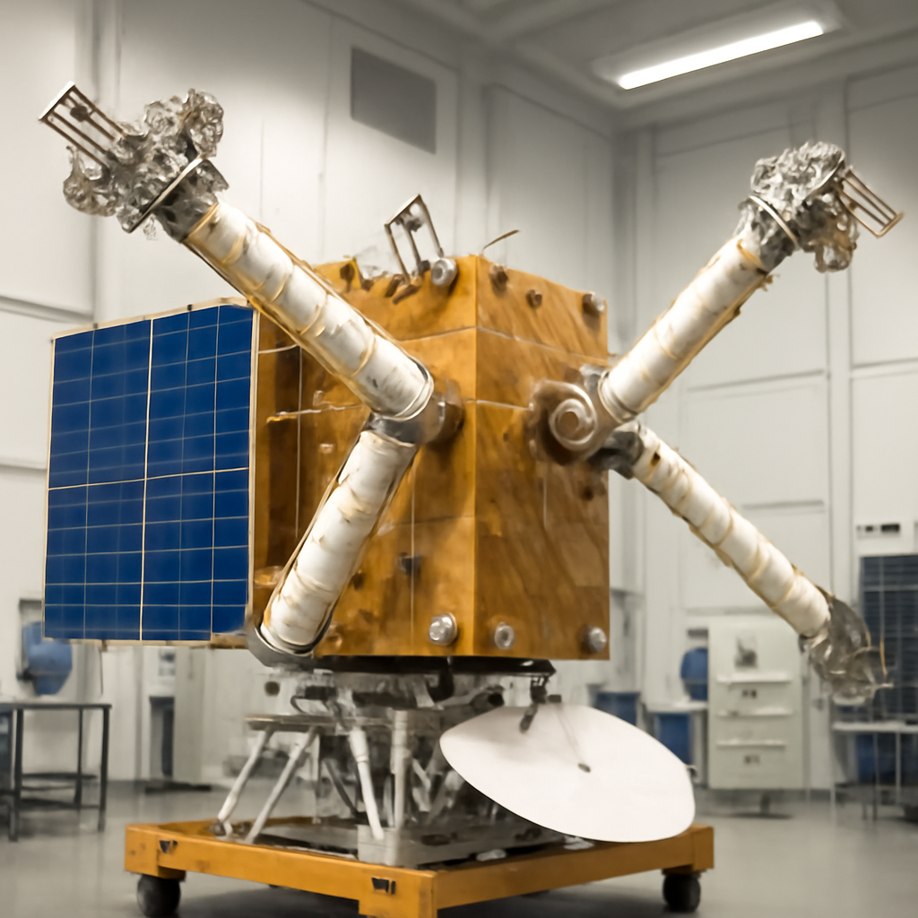 Spacecraft with extended robotic arms in a clean-room facility.