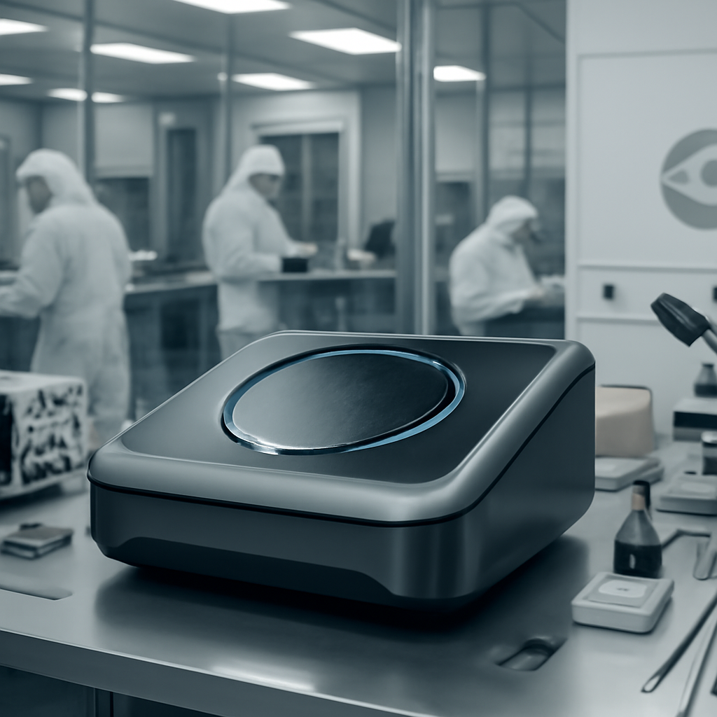 Technicians work in a lab with a futuristic microelectronics device on a central workbench surrounded by scientific…