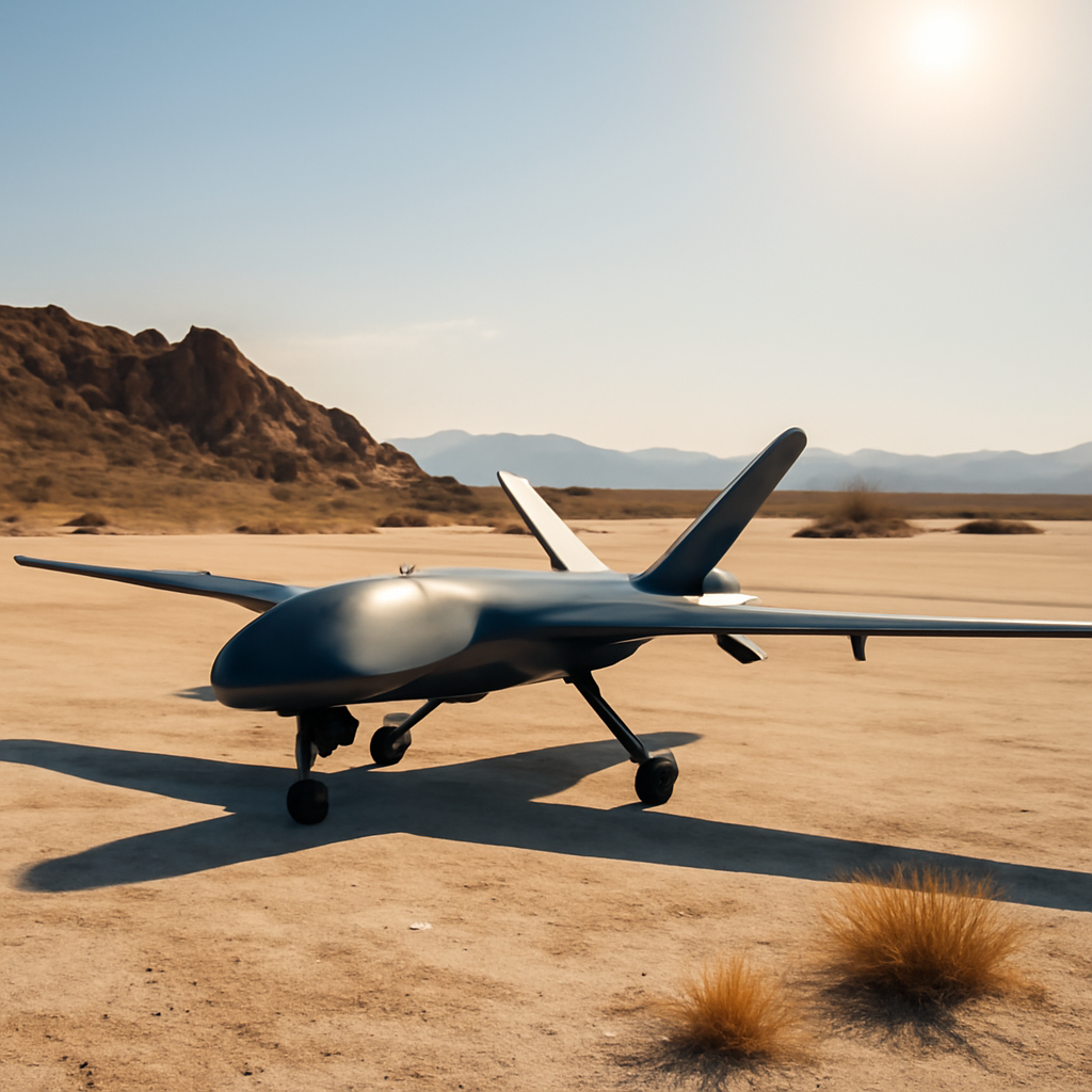 Sleek drone with matte finish sits on arid lake bed with rocky outcroppings under bright, cloudless sky.
