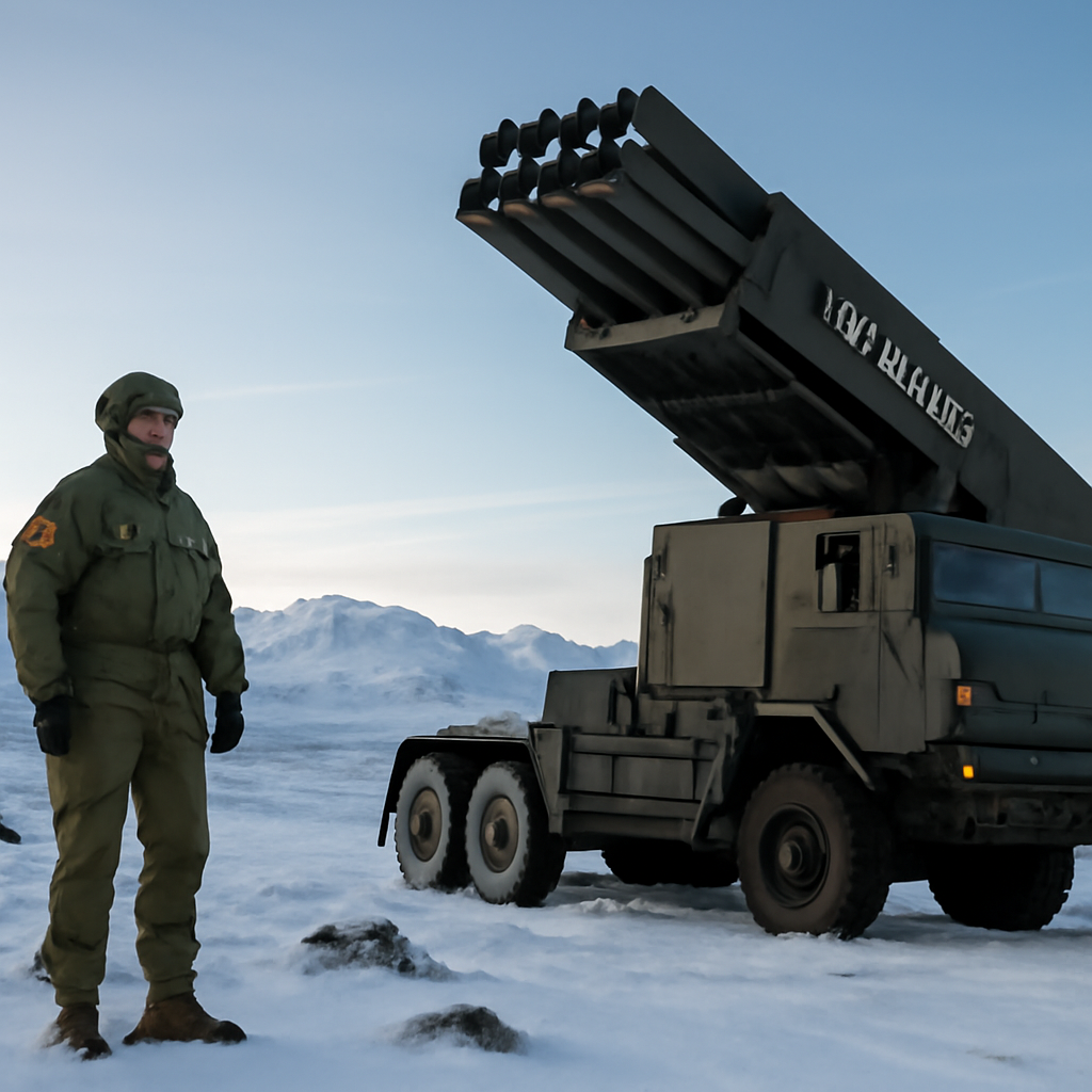 Norwegian soldier stands beside partially set up Chunmoo rocket system in Arctic landscape.