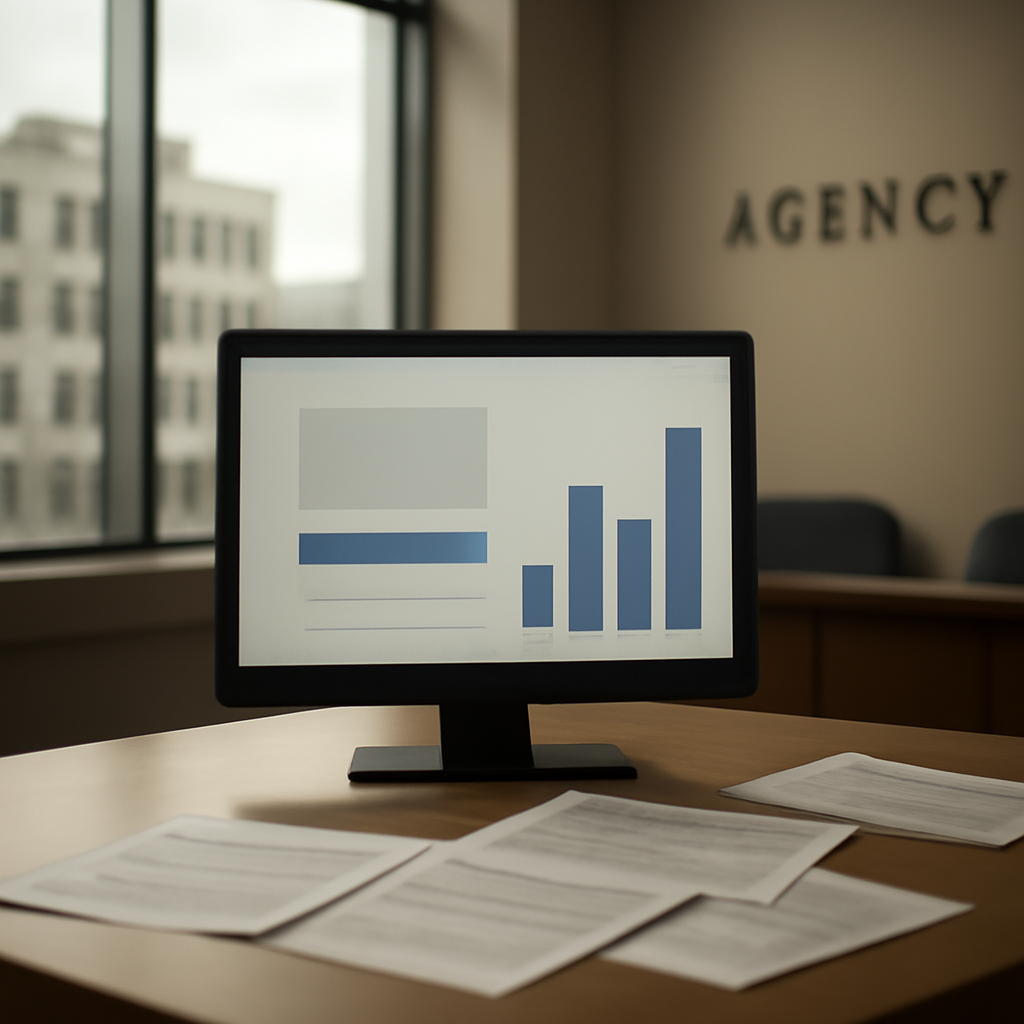 Modern office building interior with data visualization on screen.