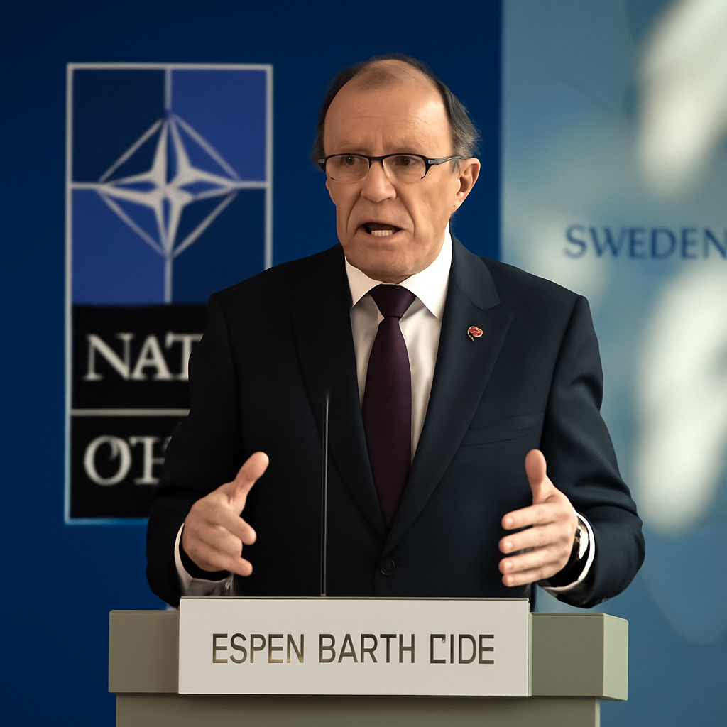 Norway's Foreign Minister speaks at a formal meeting in Sweden with NATO logo and globe in background.
