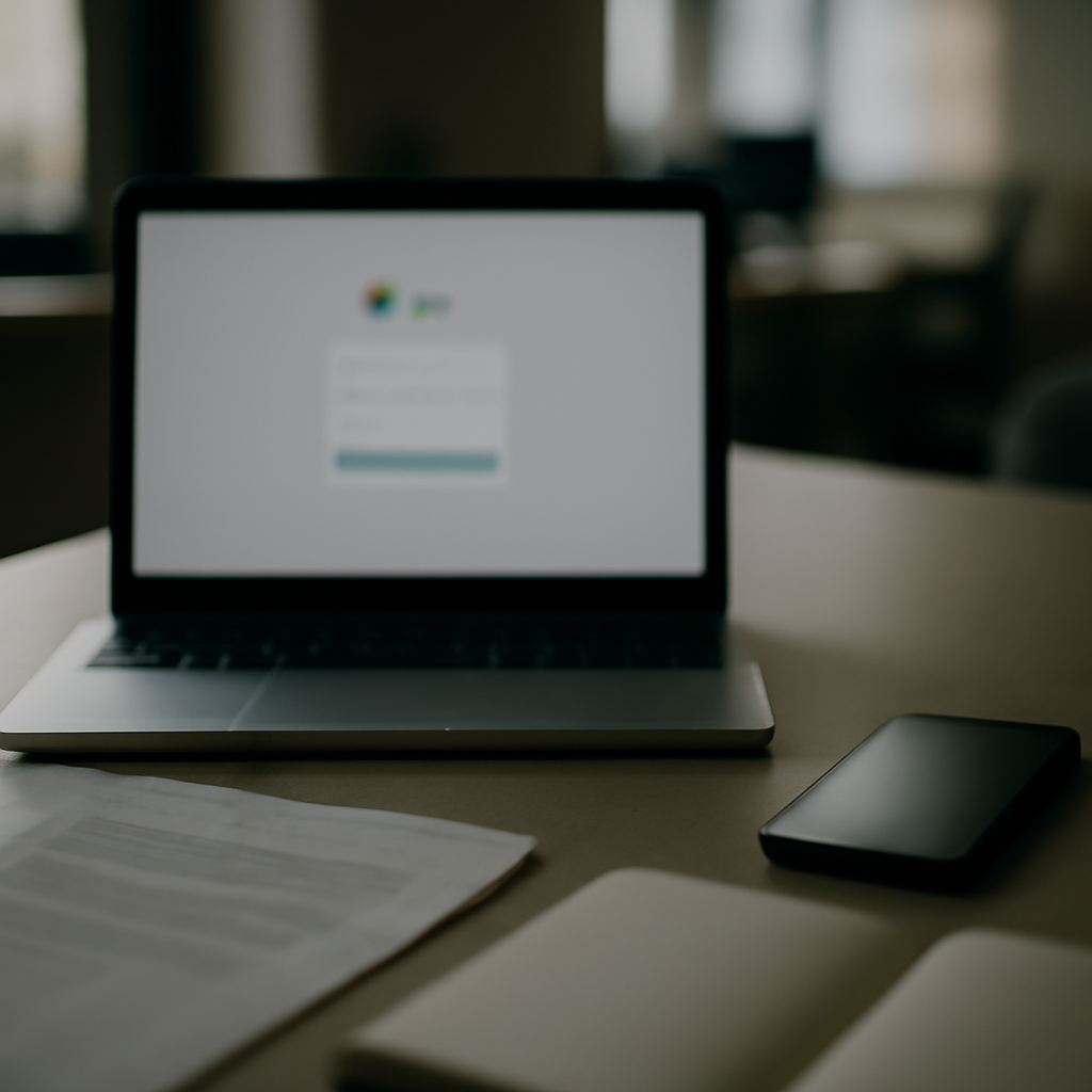 Blurred laptop and smartphone screens on a quiet office desk, suggesting a secure login page.