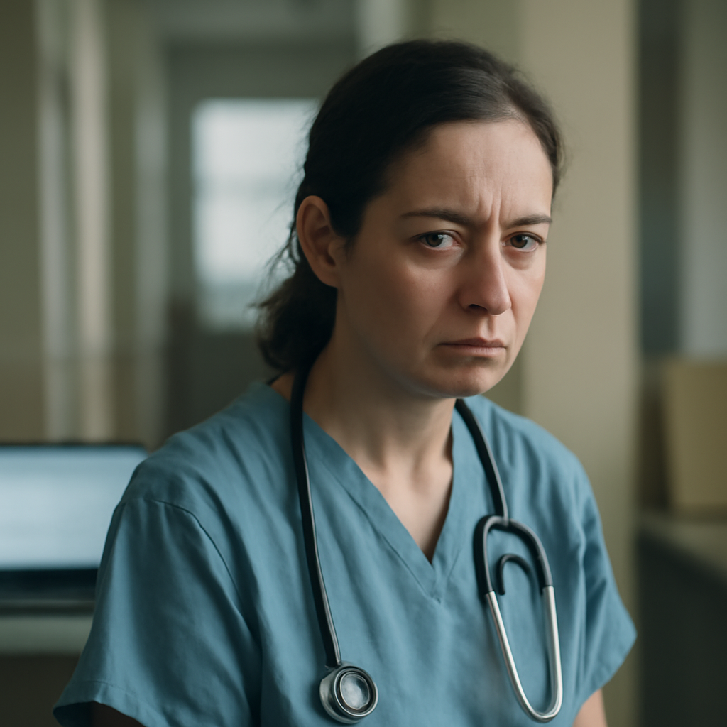 Medical professional stands in a clinical setting with a blurred laptop screen in the background, conveying a sense of…