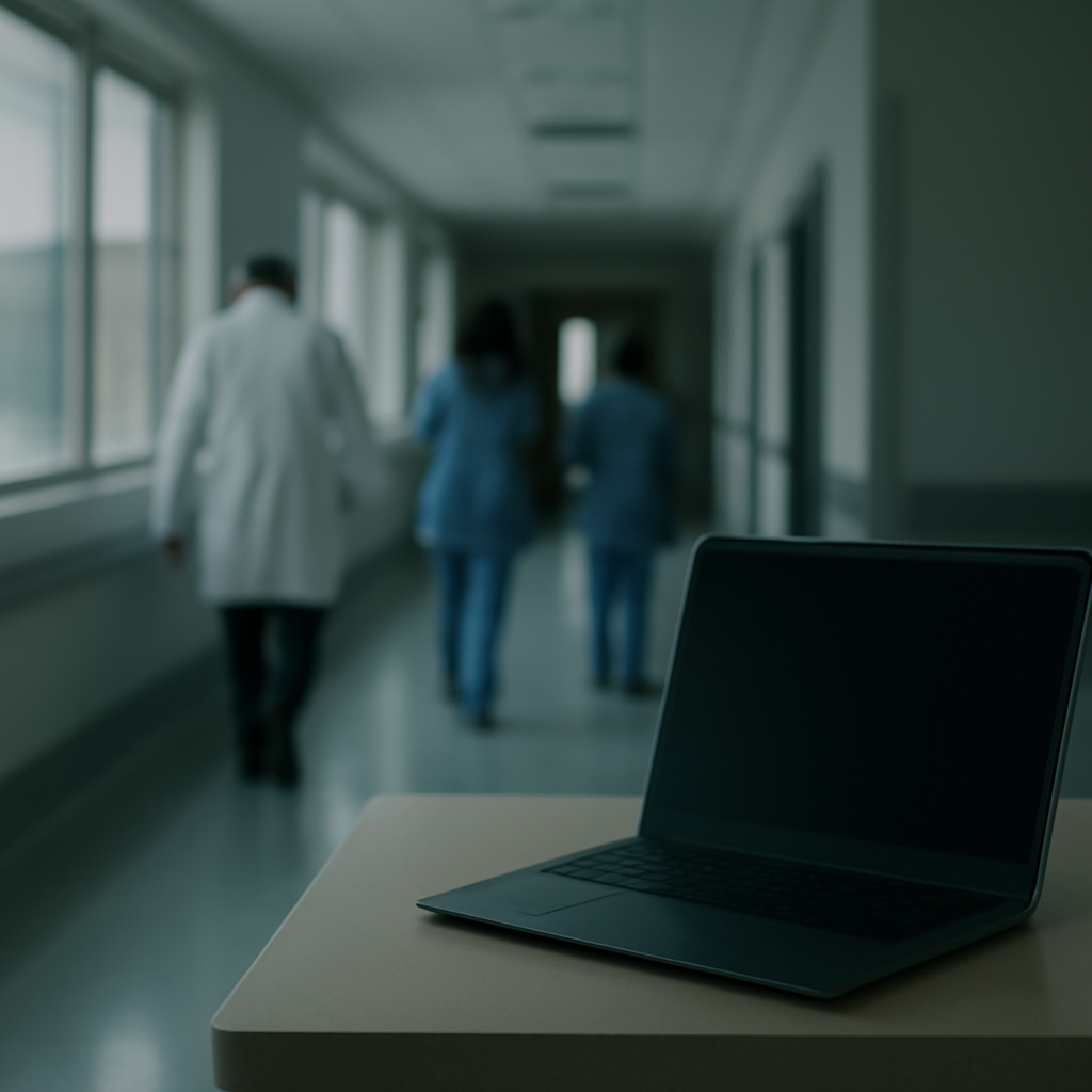 Hospital corridor with healthcare professionals, laptop screen, and large windows, conveying a sense of unease.