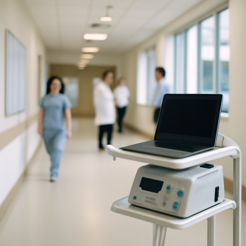 Hospital corridor with people in background, medical device and laptop on table.