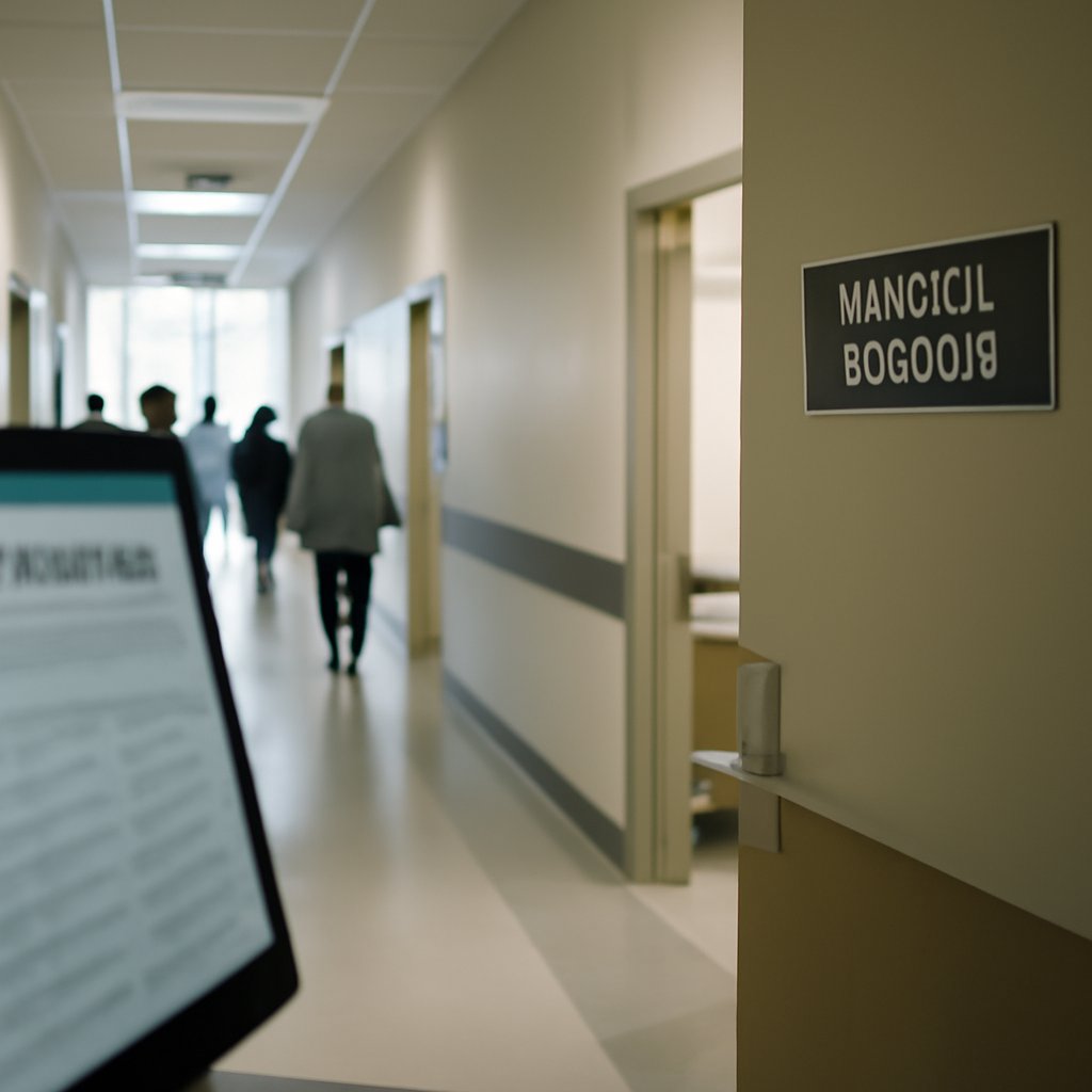 Hospital corridor with medical office door ajar, patient info sheet blurred in foreground.