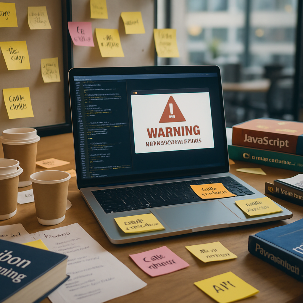 Cluttered developer workstation with laptop, notes, and coffee cups, blurred cityscape in background.