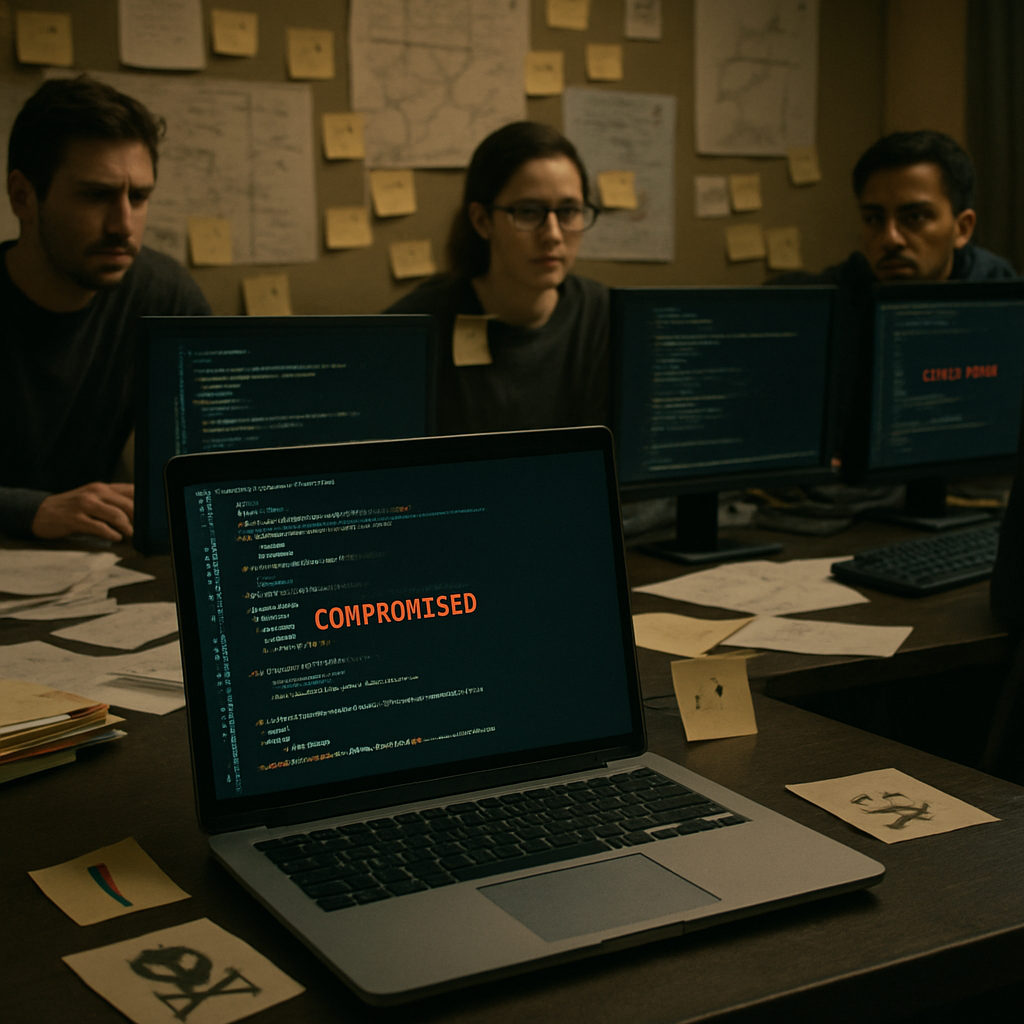 Dimly lit coding environment with multiple screens and laptops, notes, and diagrams, showing signs of disarray.