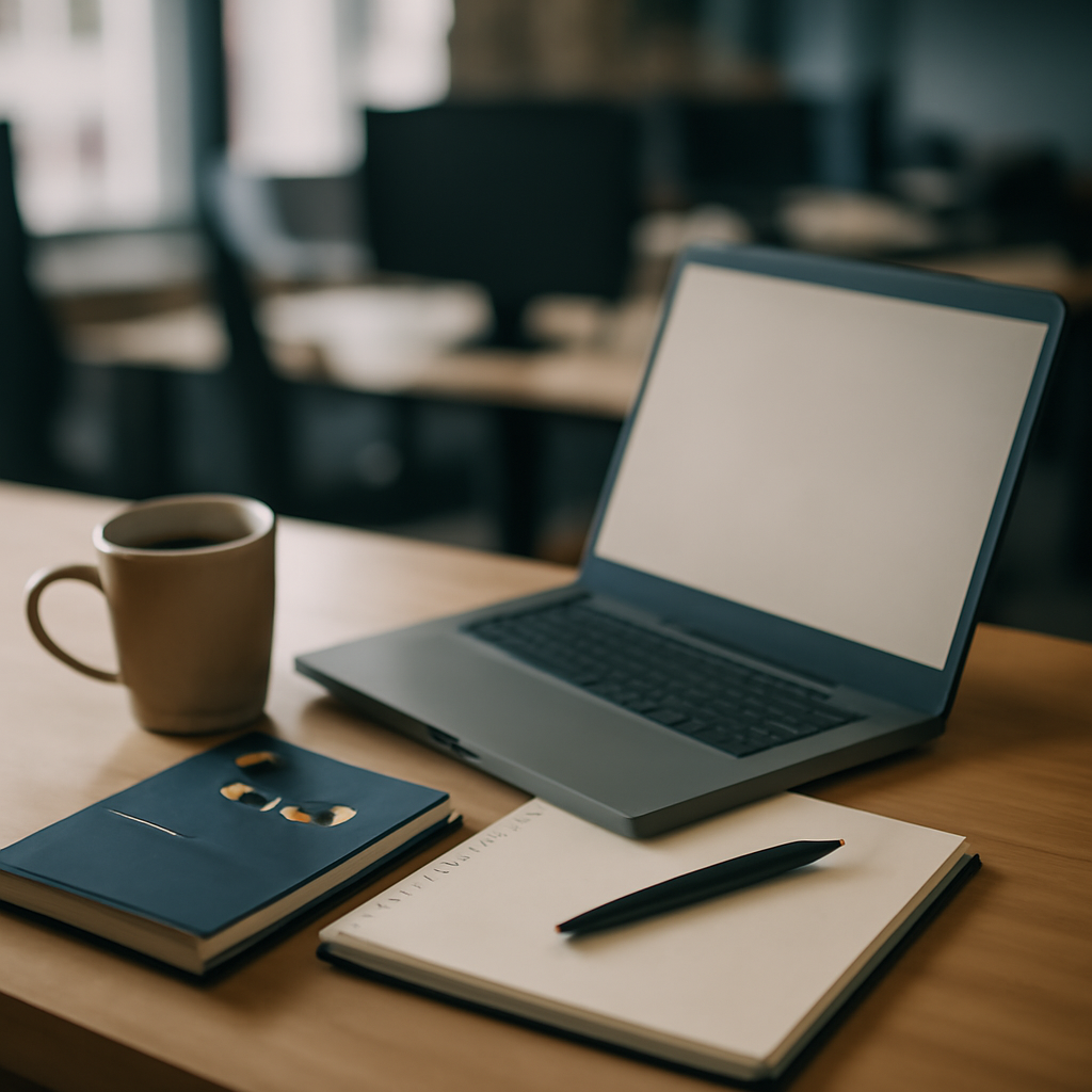 A developer's clutter-free workstation with laptop, notebook, and coffee cup, set against a blurred background with a hint…