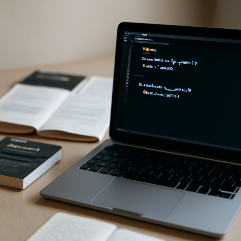 Laptop and code editor on a minimalist desk with npm package docs nearby.