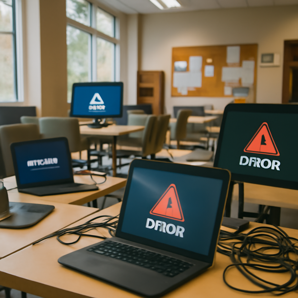 Laptops scattered in a brightly-lit university setting, hinting at cyber threat.
