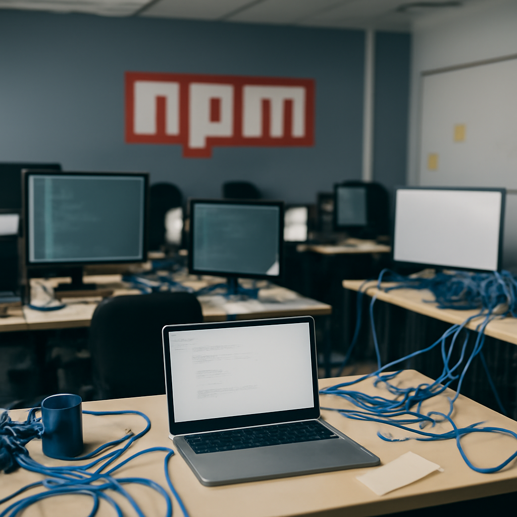 Rows of computer racks and cables in a brightly-lit Java software development environment.