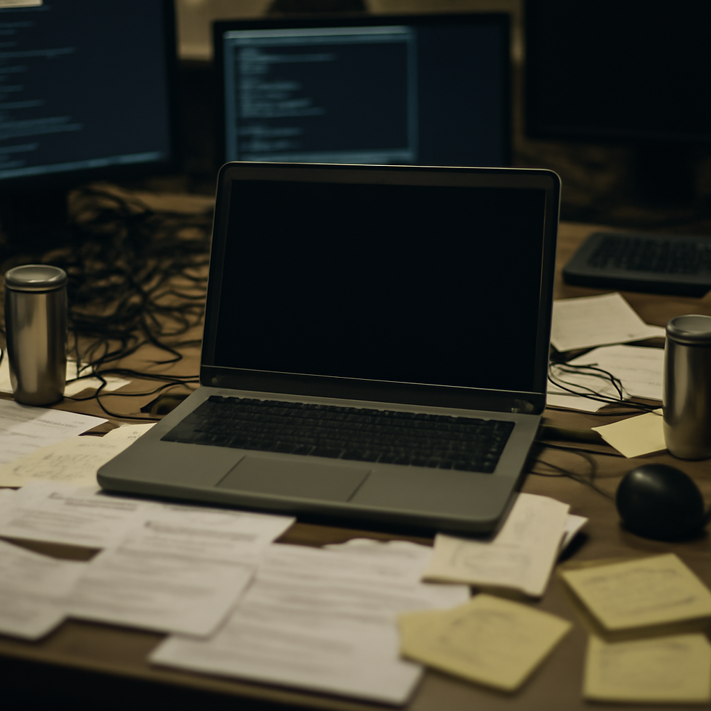 Cluttered software development workspace with laptop, papers, and cables.