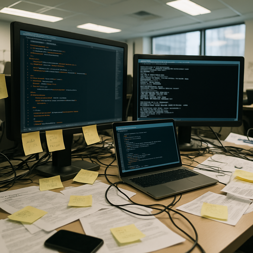 Cluttered developer workstation with multiple monitors, laptop, and coding materials under bright fluorescent lighting.