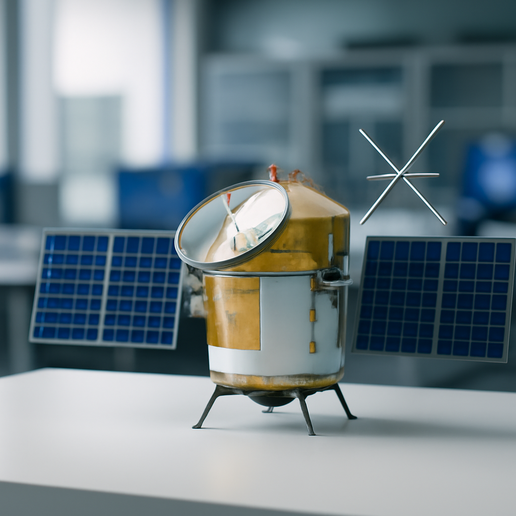 Satellite model on a neutral surface with a blurred control room in the background.