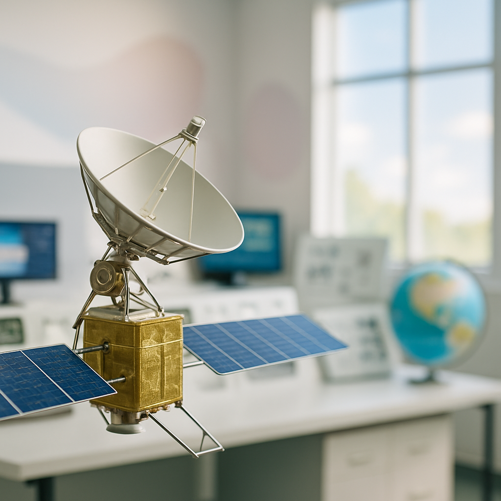 Satellite in orbit around Earth with control room and globe in background.