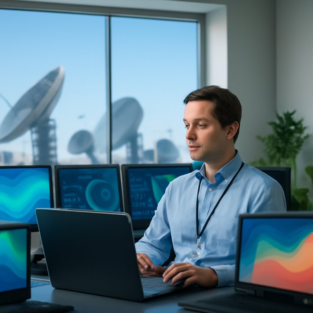 Satellite control center with console and monitors displaying gradient screens under a blue sky.