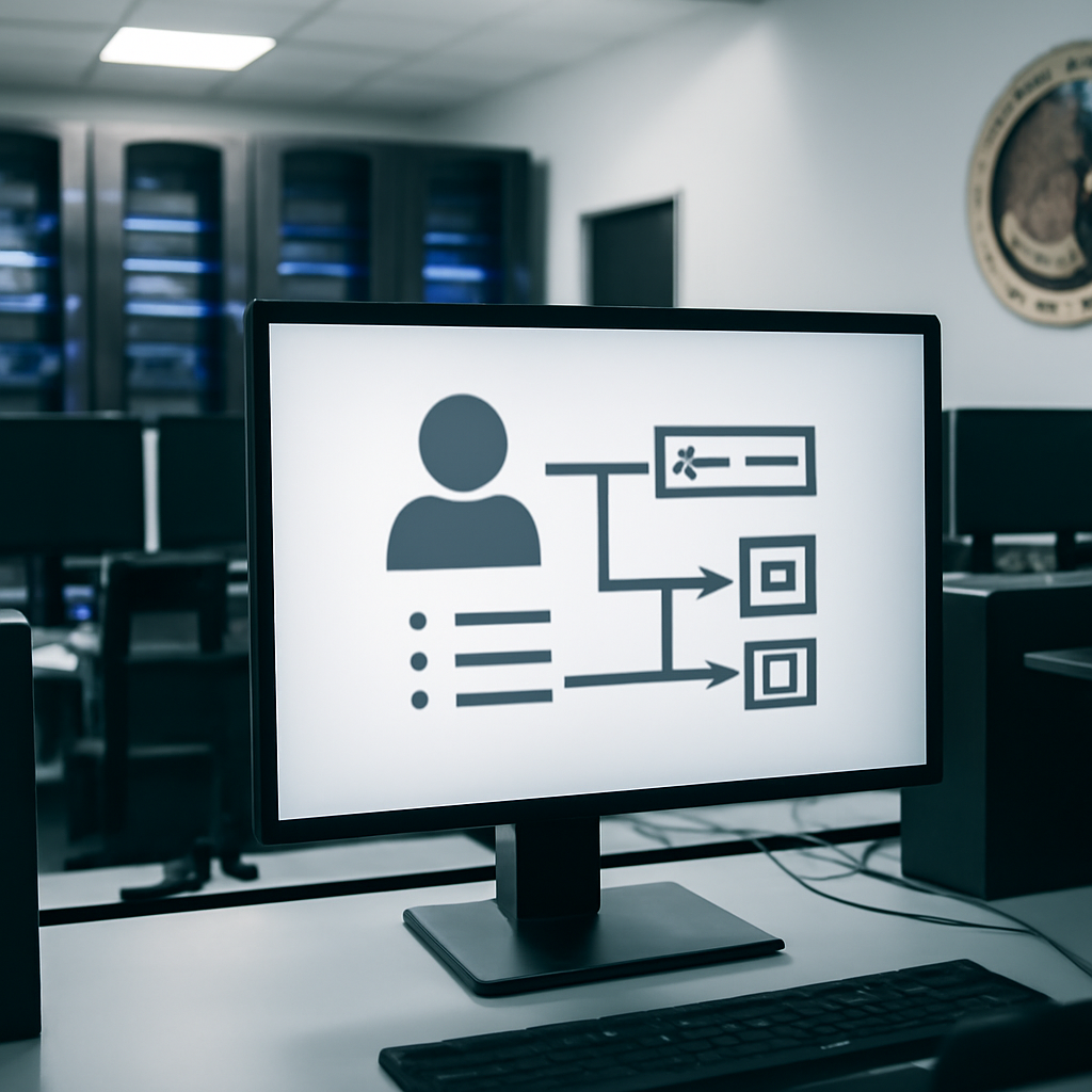 Brightly-lit server room with multiple computer workstations symbolizing identity security risks.