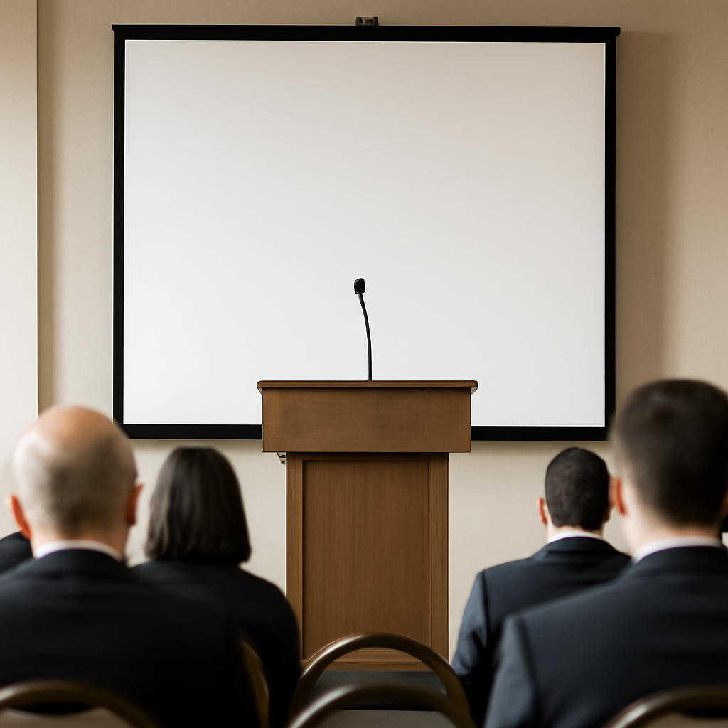 Formal conference setting with podium, blank screen, and seated attendees.
